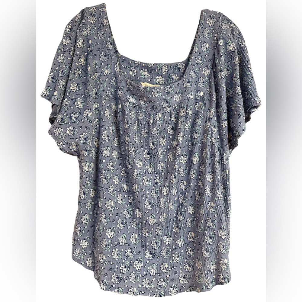 Lucky Brand Crinkle Top Spring Floral Flare Sleeve Round Scoop Waist Medium